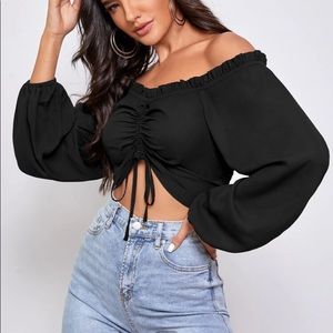 Ruffled-off shoulder crop top